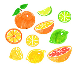 Childlike drawing of citrus fruit.