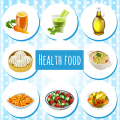 Health food, eight icons of dishes and drinks