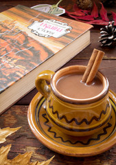 Mug of hot chocolate with cinnamon, christmas decoration