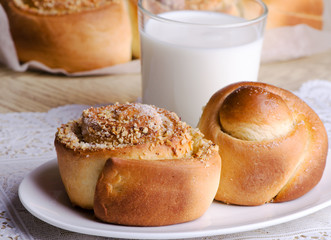homemade buns with a glass of milk