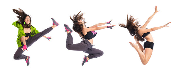 Teenager girl jumping in street dance style