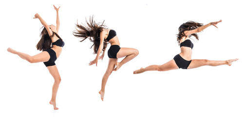 Young ballet dancer jumping over white background