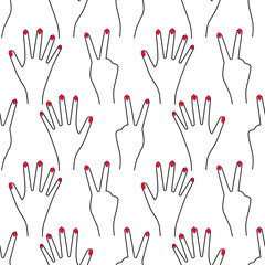 Seamless hand pattern on white background. Cute funny girlish illustration with red nails. Trendy fashion illustration. Victory sign.