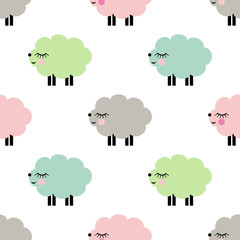 Cute smiling lambs seamless pattern on white background. Vector baby sheep illustration for kids holidays. Bright baby shower vector background. Child drawing style sheep.