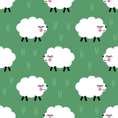 Smiling lambs seamless pattern background. Vector baby sheep illustration for kids holidays. Cute bright baby shower vector background. Child drawing style sheep.