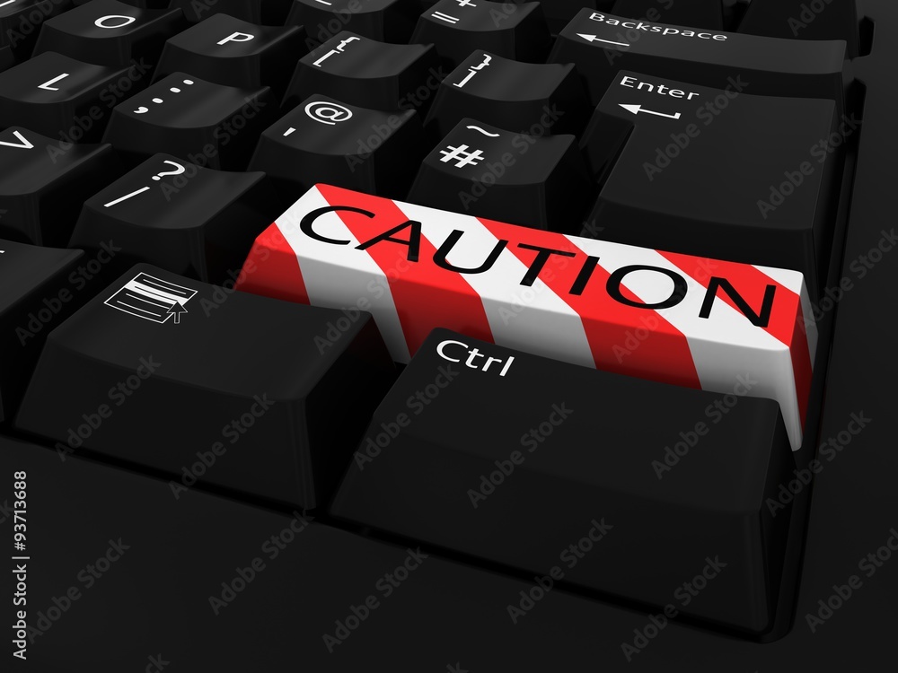 Poster internet security concept - red and white striped caution keyboard button