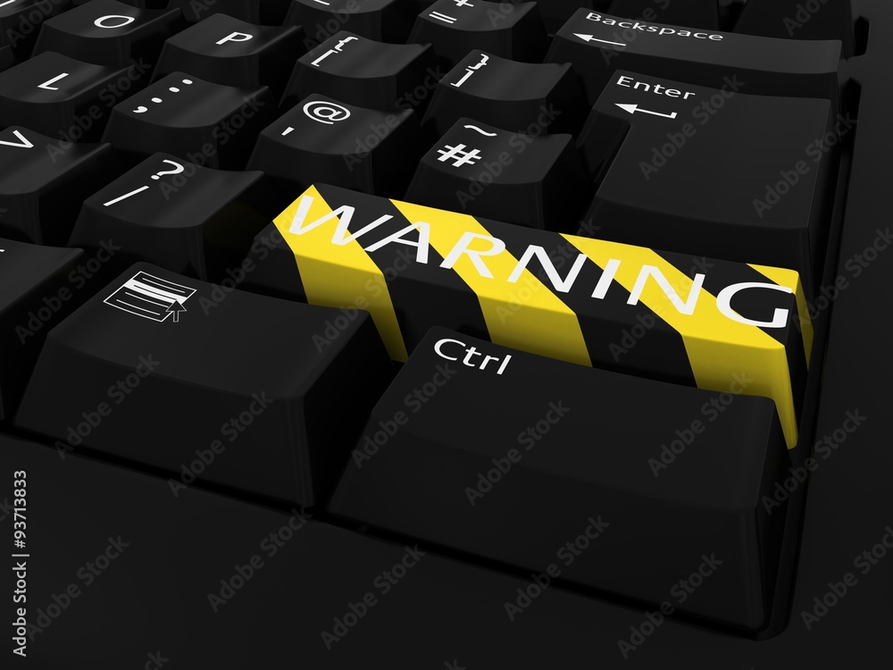 Poster internet security concept - yellow and black striped warning keyboard button