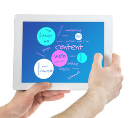 Connected words on touch-screen tablet-pc, isolated on white