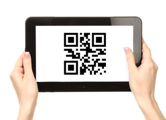 Hands holding tablet PC with QR code on screen