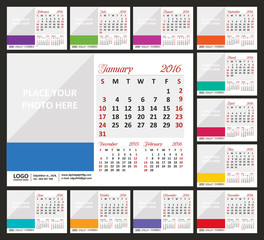 Desk Calendar 2016. Week Starts Sunday. Set of 12 Months. Vector illustration