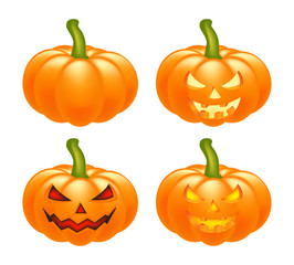 Halloween pumpkin vector set illustration, Jack O Lantern isolated on white background. Scary orange picture with eyes and candle light inside.