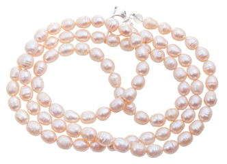 necklace from natural pink river pearls isolated