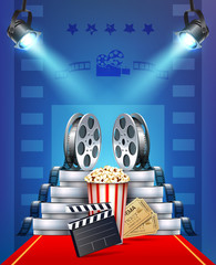 Cinema background with tickets, popcorn and cinema films.