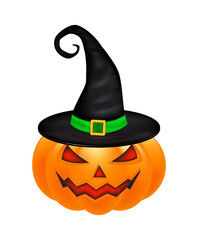 Halloween pumpkin in hat vector illustration, Jack O Lantern isolated on white background. Scary orange picture with eyes and candle light inside.