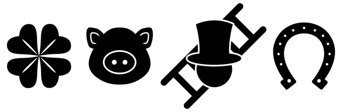 4 Glücksbringer Symbole: Kleeblatt, Schwein, Schornsteinfeger, Hufeisen / Vektor, schwarz, freigestellt
