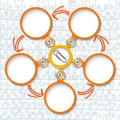 Five abstract circular text boxes and paper clip