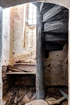 Old Broken Wooden Spiral Staircase