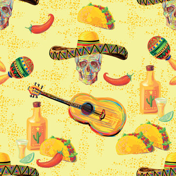 Mexican vector seamless music pattern with skull, sombrero hat, guitar, taco, tequila, lime and chill pepper. Perfect for wallpaper, pattern fill, web page background, texture, textile