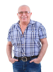 Portrait of happy and smile with white teeth 75 years old senior man in jeans, shirt, glasses, hands in pockets. Positive emotion facial expression feeling. Isolated white background.