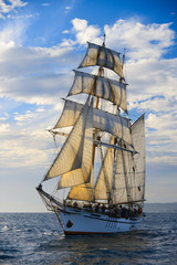 Fototapeta na wymiar Tall ship sails around Dana Point Harbor.