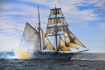 Fototapeta premium Tall ship sails around Dana Point Harbor.