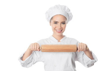 Woman Chef white background in studio shot