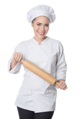 Woman Chef white background in studio shot