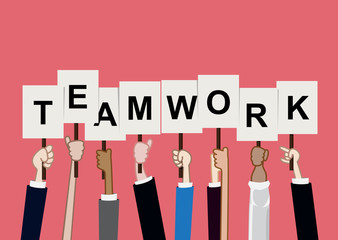 Team work concept hand holding text sign vector illustration