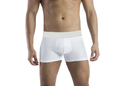Handsome young man fit healthy toned body from behind wearing a white underwear only. - crop image