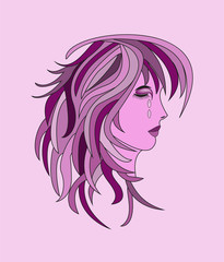 vector illustration of a stylized girl's portrait on  violet background