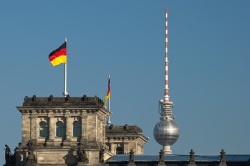 Detail of the Reichstag, the national parliament of the Federal Republic of Germany and Berlin TV...
