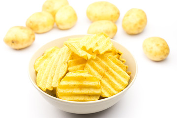 Potato chips on white background..