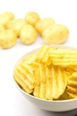 Potato chips on white background..