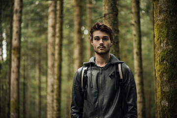 Naklejka na ściany i meble Young man exploring a forest