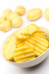 Potato chips on white background..