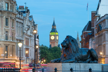 The Palace of Westminster Big Ben and Trafalgar Square at night,
