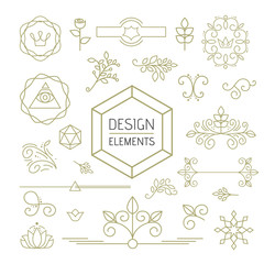 Design element set mono line art ornamental nature
