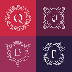 Ornament monogram mono line floral frame set