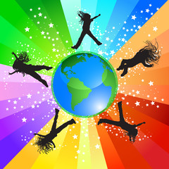 Jumping girls silhouettes all around the world globe, vector illustration