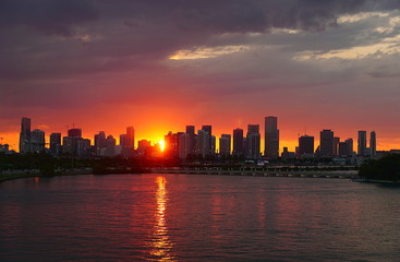 Sunset with the skyline of Miami