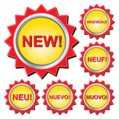 Advertising tag sticker showing word new in five languages, vector illustration
