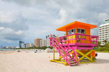 Miami Beach Florida, lifeguard house in typical art deco colorful style