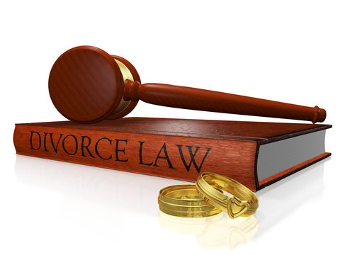 Divorce Law Book Gavel and Wedding Bands