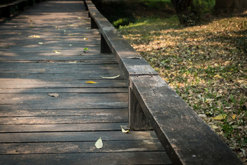 Obraz premium old wooden walkway with falling leaves in the morning of autumn
