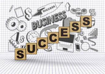 Fototapeta premium 3d render. The word success on wooden cubes. Ladder from cubes.
