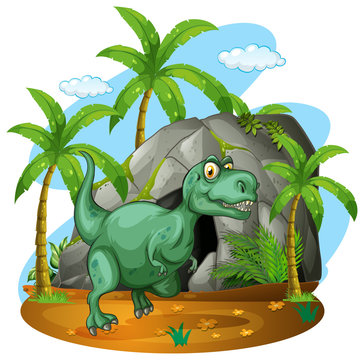 Green dinosaur standing by the cave