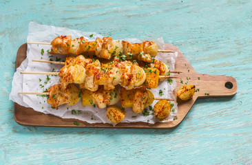 chicken kebab with pumpkin and onions on a light wooden surface. Healthy food