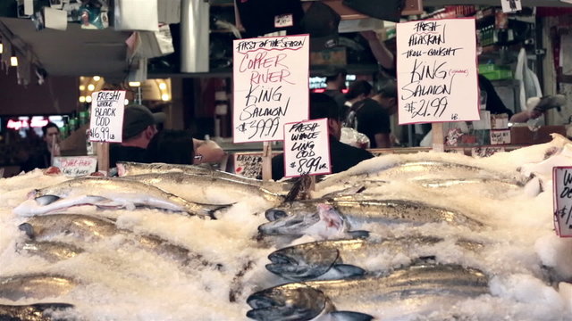 Fresh seafood salmon on ice Seattle fish market HD 6718