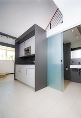 modern interior of kitchen and bathroom