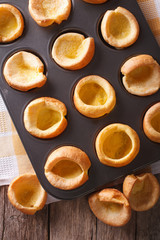 Yorkshire puddings in baking dish closeup. vertical top view

